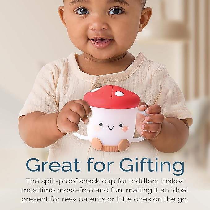 Itzy Ritzy Toddler Snack Cup - Spill-Proof Snack Cup for Toddlers with Soft Silicone Lid for Easy Food Access - Easy-To-Hold Kids Snacks Container With Handles - Ideal for 12 months & Up (Mushroom)-CubbioJoy