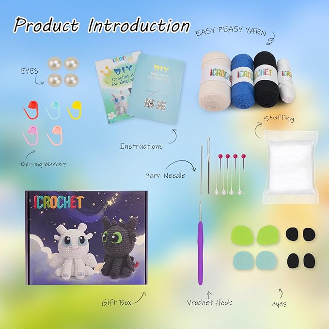 Crochet Kit for Beginners,Beginner Crocheting Animals Kits w Step-by-Step Video Tutorials, Knitting Starter Pack for Adults and Kids,2 Pack Dragon-CubbioJoy