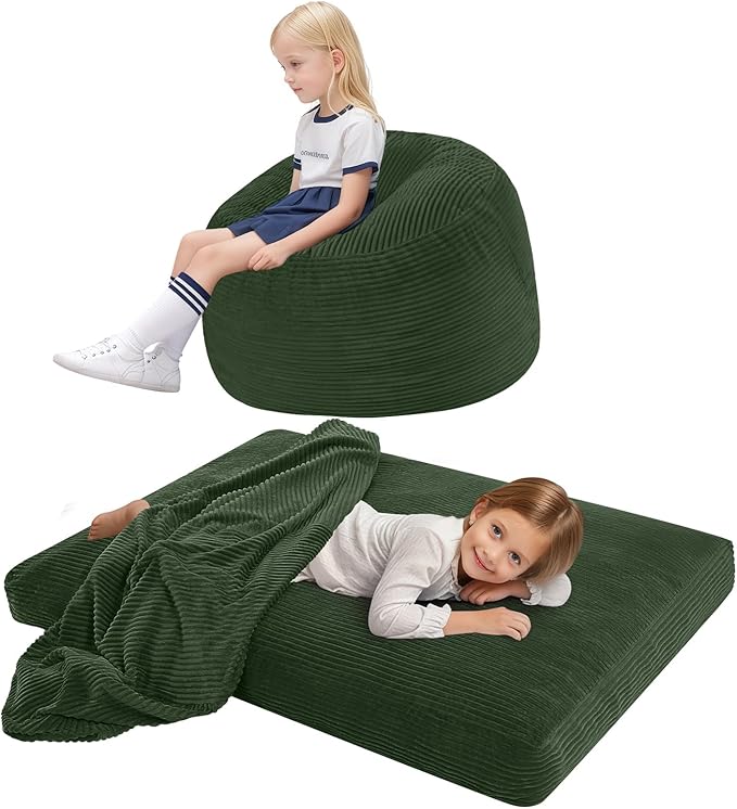 COMAX Kids Bean Bag Chair Turn into Beanbag Bed, Toddler Bean Chair Corduroy for Girl Boy Sleeping, Lazy Children Bean Bags with Filler, Convertible Child Floor Mattress, Dark Green-CubbioJoy