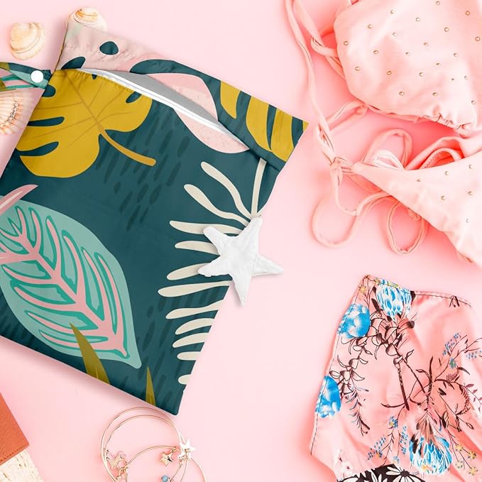 Wet Bag, Wet Dry Bag, Wet Bag for Swimsuit, Travel, Beach, Pool, Diapers, Dirty Yoga Gym Clothes, Makeup Bag, Waterproof Tropical Palm Leaves Decor Jungle Palm Leaf Favors-CubbioJoy