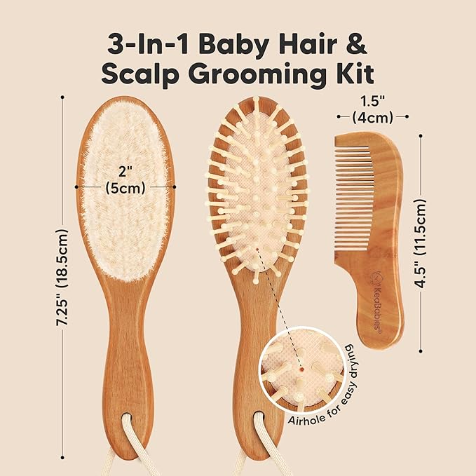 Baby Hair Brush and Comb Set for Newborn - Wooden Baby Hair Brush Set with Soft Goat Bristle, Baby Brush Set for Newborns, Baby Brush and Comb Set Girl, Boy, Toddler Cradle Cap Brush(Oval, Golden Oak)-CubbioJoy