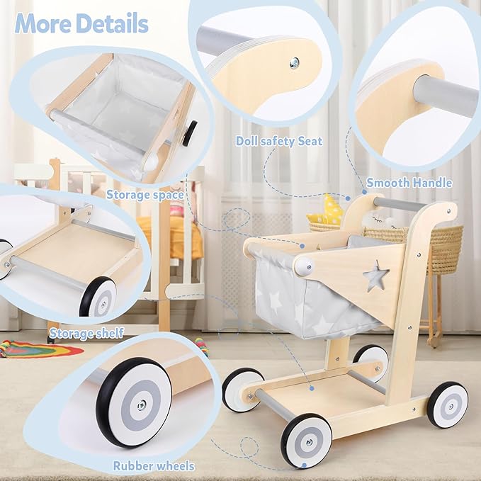 Asweets 2 in 1 Wooden Baby Walker Push and Pull Doll Stroller, Shopping Cart Learning Walker for Boys and Girls, Sit Stand Learning Toddler Toy (Grey)-CubbioJoy