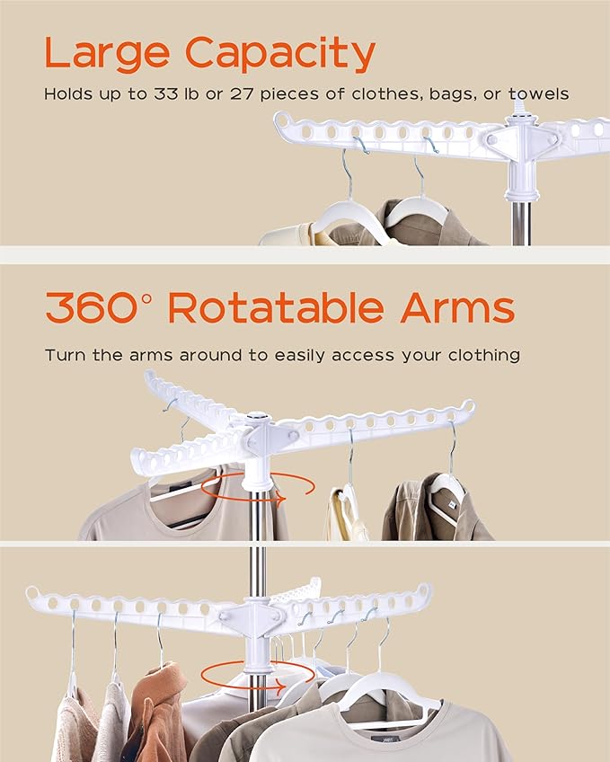 Clothes Drying Rack Foldable, 74.8 inch 2 Tier Laundry Drying Rack with Rotating Clothes Rail for 54 Pieces of Clothes, Space Saving, Indoor, Stainless Steel, White and Silver CDR002W01-CubbioJoy