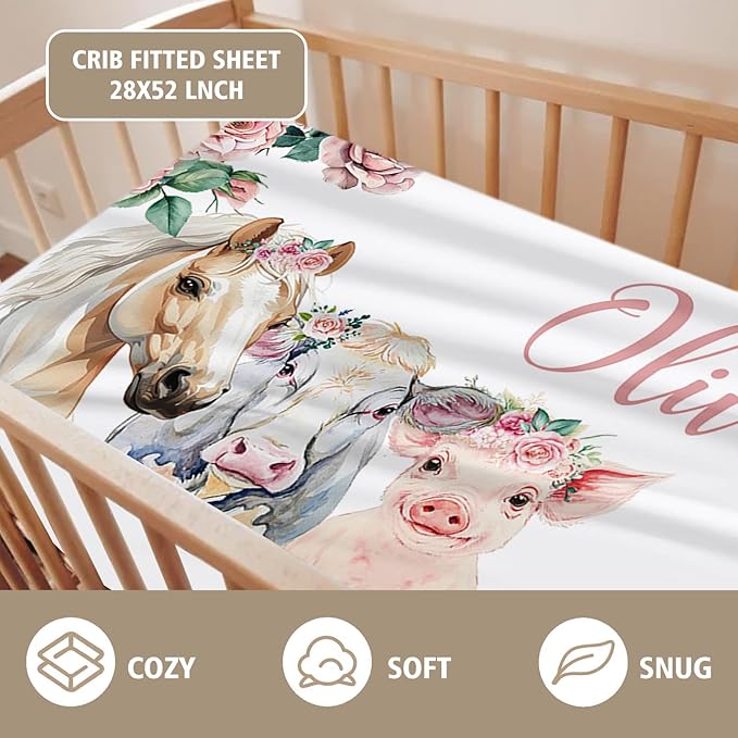 Custom Name Crib Bedding Set - Horse & Cow Pattern, Personalized Floral Nursery Bedding 3-Piece Set– Soft Blanket, Fitted Sheet, Changing Pad Cover – for Newborns Girls Nursery Gifts-CubbioJoy