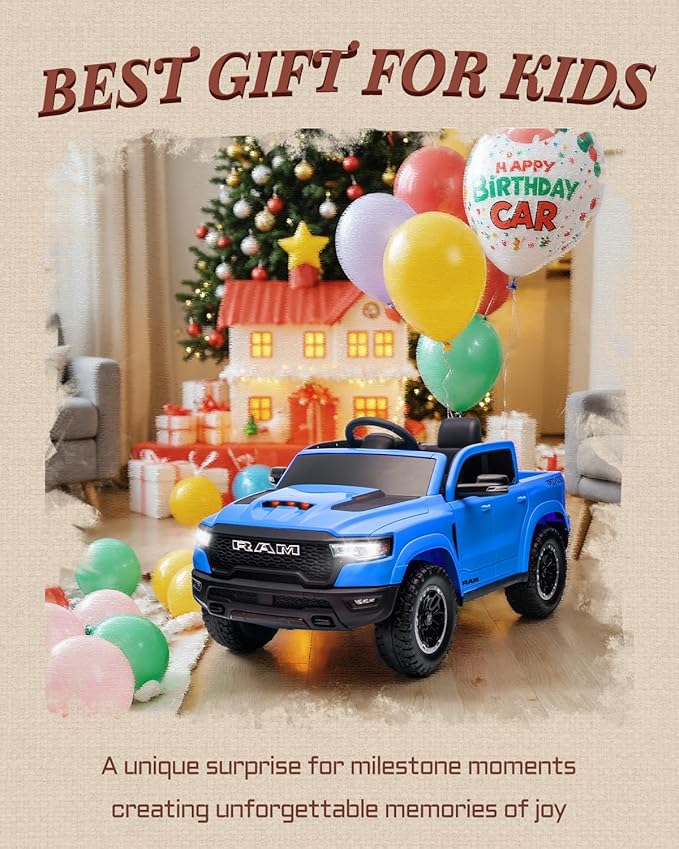 12V Kids Electric Vehicles, Licensed Ram 1500 RHO Kids Ride on Truck with Remote Control, Ride on Car for Children with Smooth Start, Truck Bed Storage, Bluetooth, Aux Port (Blue)-CubbioJoy