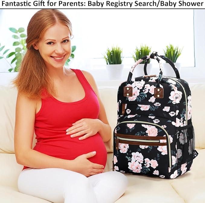 Diaper Bag Backpack Tote for Women Large Capacity with Insulated Pockets Multifunctional Diaper Bags For Baby Girl Boy Waterproof Baby Bags, Maternity Bag Black Pink Floral-CubbioJoy