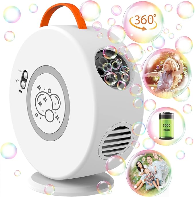 Bubble Machine Automatic Bubble Blower for Kids Toddlers Rechargeable Battery Portable Bubble Maker Electric Bubble Machine Auto Rotating 90°/360° Outdoor Toy for Birthday Party Wedding-CubbioJoy