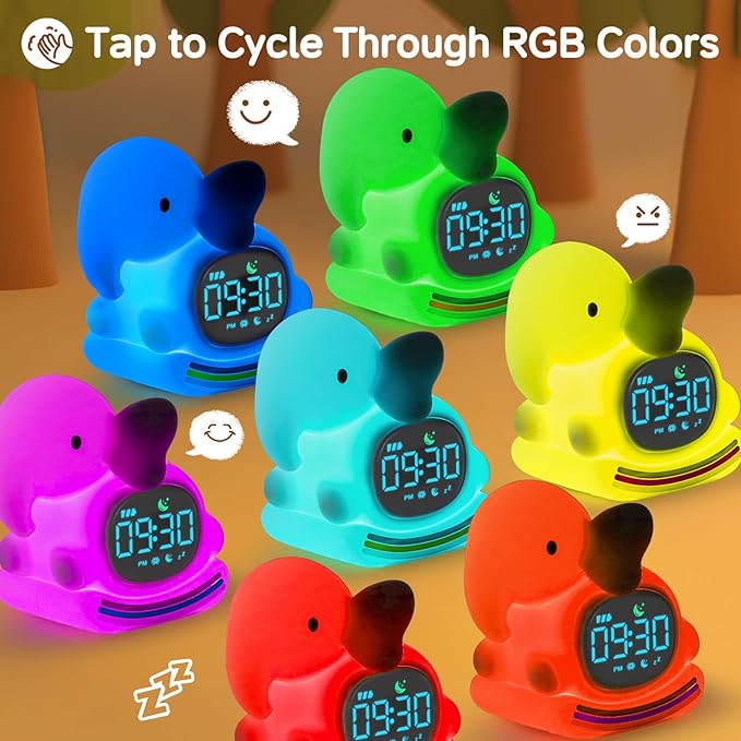 Alarm Clock for Kids with Night Light, Sleep Training Clock Time to Wake Clock, Rechargeable Silicone Light for Bedroom, Perfect Sleep Companion for Boys Girls，Blue Elephant-CubbioJoy