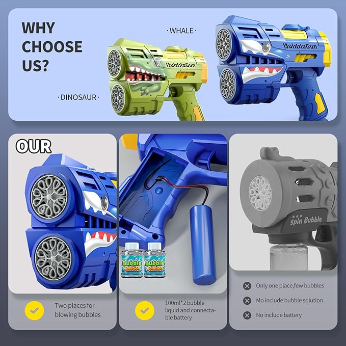 Jasny 2 Pack Bubble Guns for Kids, Rechargeable LED Light Up Dinosaur Bubbles Machine Blower with 2 Bottles Refill Solution for Toddlers 4-8, Birthday Gift-CubbioJoy