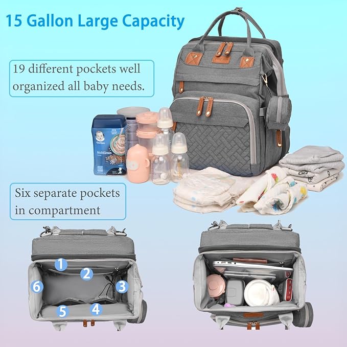 Jeryswet Baby Diaper Bags with Changing Station, Waterproof Large Capacity Diaper Bag Backpack for Moms Dads with USB Charging Port and Stroller Straps, Baby Shower Gifts, Grey-CubbioJoy