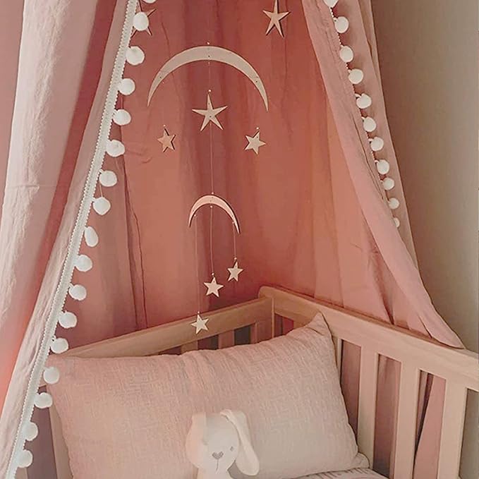 Bed Canopy with Pom Pom for Kids Crib Baby Girl Netting Cover Canopy Crib Curtain Reading Nook Hanging Tent Nursery Play Game Castle Room Decoration (Pink)-CubbioJoy