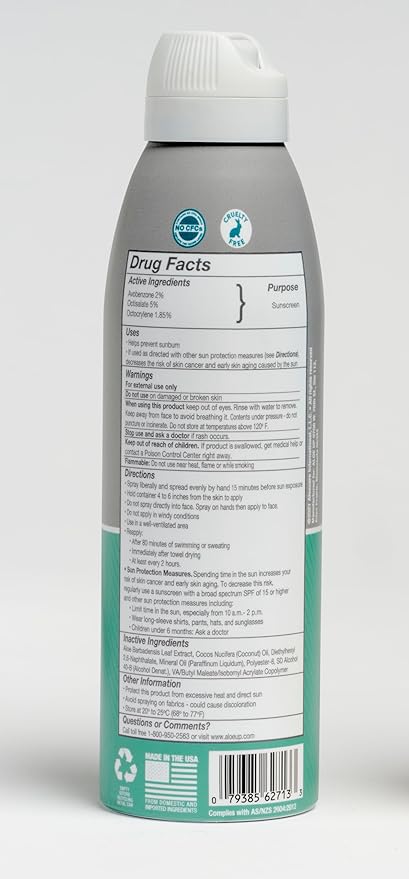 Aloe Up Sport Continuous Spray Sunscreen SPF 15 - Broad Spectrum UVA/UVB Sunscreen Protector for Face and Body - With Aloe Vera Gel - Fast Absorbing Sheer Formula - Reef Safe - Fragrance-Free - 6 Oz-CubbioJoy