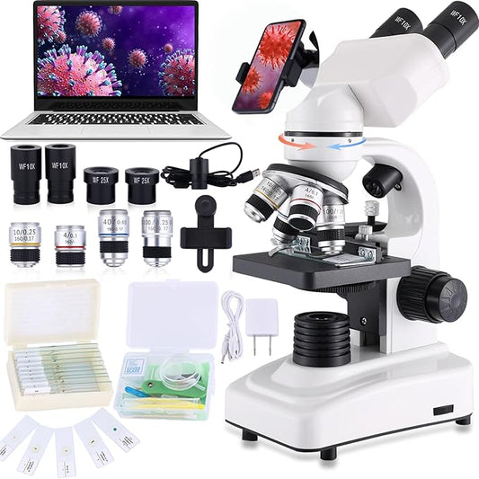 Compound Microscope，40X-2500X Research Class Professional Microscope，WF10x and WF25x eyepieces, Dual LED Lighting and Two-Layer Mechanical Stage，Microscope for Adults…-CubbioJoy