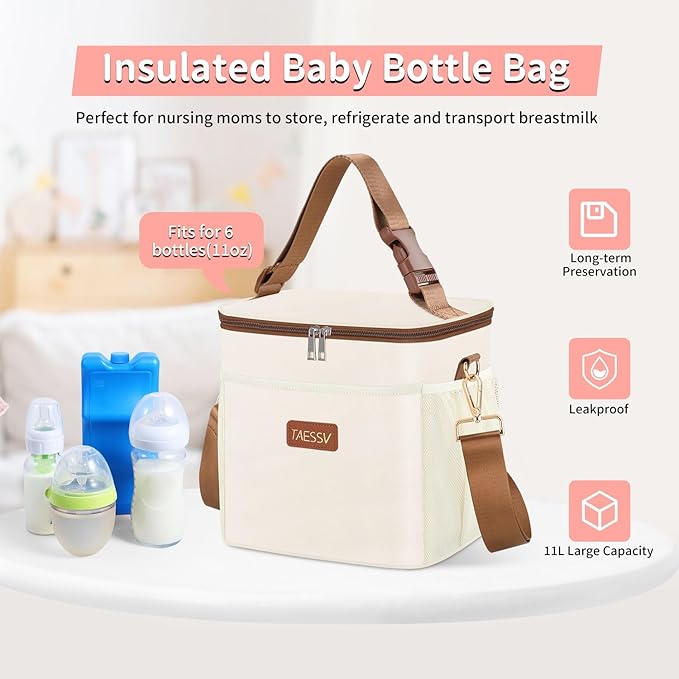 Breastmilk Cooler Bag with Ice Pack - Breast Milk Cooler Travel Bag Fits 6 Bottles Up to 11 Oz Insulated Baby Bottle Cooler Bag Breastmilk Storage Bag Cooler Perfect for Nursing Mom Daycare, Beige-CubbioJoy