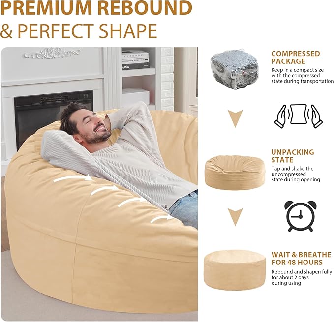 6FT Bean Bag Chair, Large Bean Bag Chairs with Memory Foam Filled, Fluffy Beanbag Sofa with Dutch Velvet Cover, Round BeanBag Chairs for Living Room, Playroom - Khaki-CubbioJoy