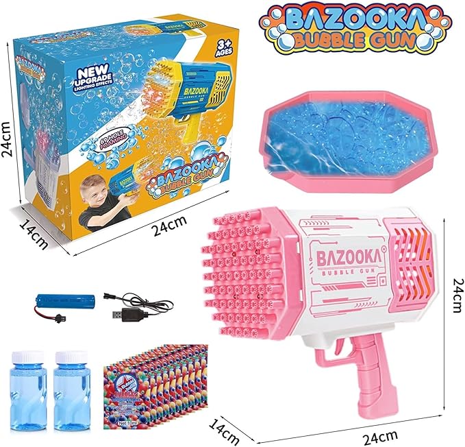 Bubble Machine Gun, 69 Holes Bubble Gun with Lights, Pink Outdoor Summer Beach Kids Bubbles Toys Birthday Wedding Party Halloween Fun for Girls Boys-CubbioJoy