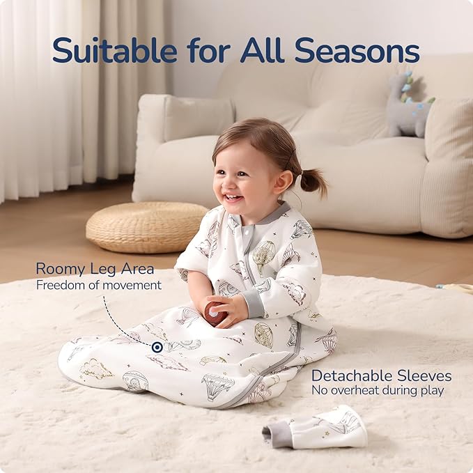 Baby Sleep Sack 6-12 Months, Cotton Detachable Long Sleeve Sleep Sack, 2.5 Tog Toddler Sleeping Sack with Temperature Strips, 2-Way Zipper Wearable Blankets for Newborns, Hot Air Balloon-CubbioJoy
