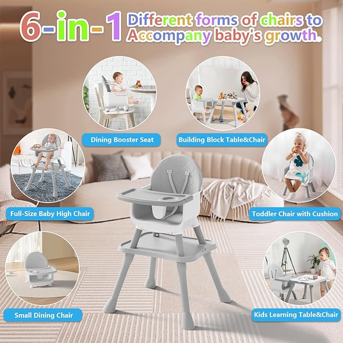 6 in 1 Baby High Chair for Babies and Toddlers, Booster Seat, Kids Learning Table & Chair (Grey)-CubbioJoy
