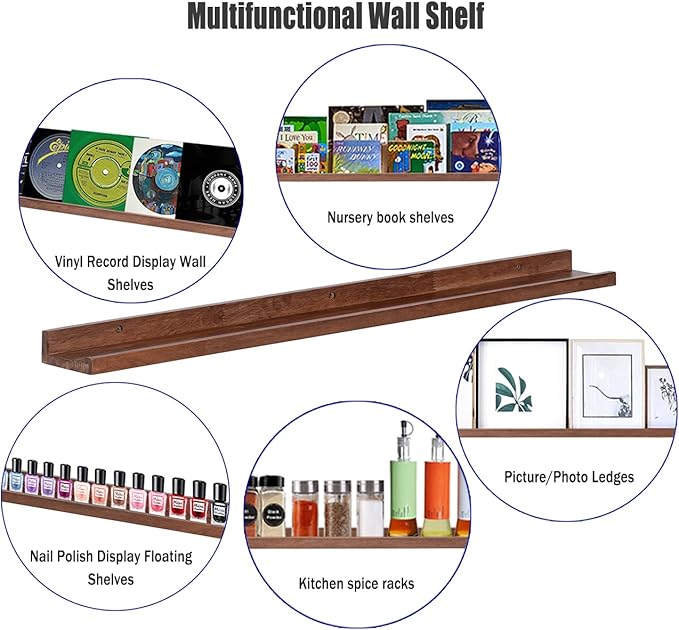 AZSKY Floating Wood Wall Shelves Light Walnut 48 Inch Long Hanging Picture Photo Ledge Shelf Rustic Modern Narrow Shelves for Wall Decor Storage and Display Nursery Book Shelves a Set of 3-CubbioJoy