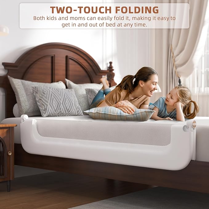 Bed Rail for Toddlers, Baby Bed Rail Guard for Kids, Toddler Bed Rails with Reinforced Anchor Fit, Height Adjustable & Foldable Bed Rail Guard for Twin, Full, Queen & King Beds (White, 59IN)-CubbioJoy