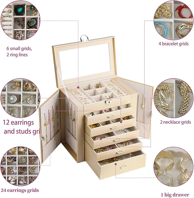 BOOVO Jewelry Box For women, 6 Layer Large Jewelry Organizer With Mirror, Multi-Function Storage Box With Lock, Accessory Holder With 5 Drawers, For Earrings Necklace Ring Bracelet (Pale gold)-CubbioJoy