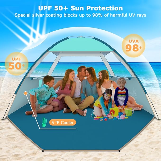 COMMOUDS Beach Tent Sun Shade for 3/4-5/6-7/8-10 Person, UPF 50+ Beach Sun Shelter Canopy Tent, Lightweight, Easy Set Up and Carry-CubbioJoy