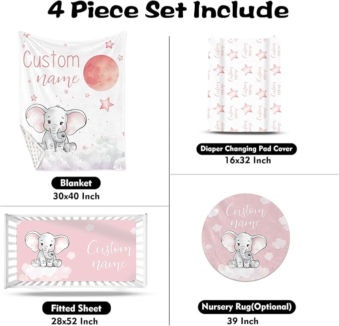 Custom Nursery Crib Bedding Set: Personalized Name 4 Piece Starry Sky Elephant Design Baby Crib Sets for Girls - Toddler Double Layer Blanket Set, Comfortable Crib Bed Sheets for Baby Toddlers-CubbioJoy