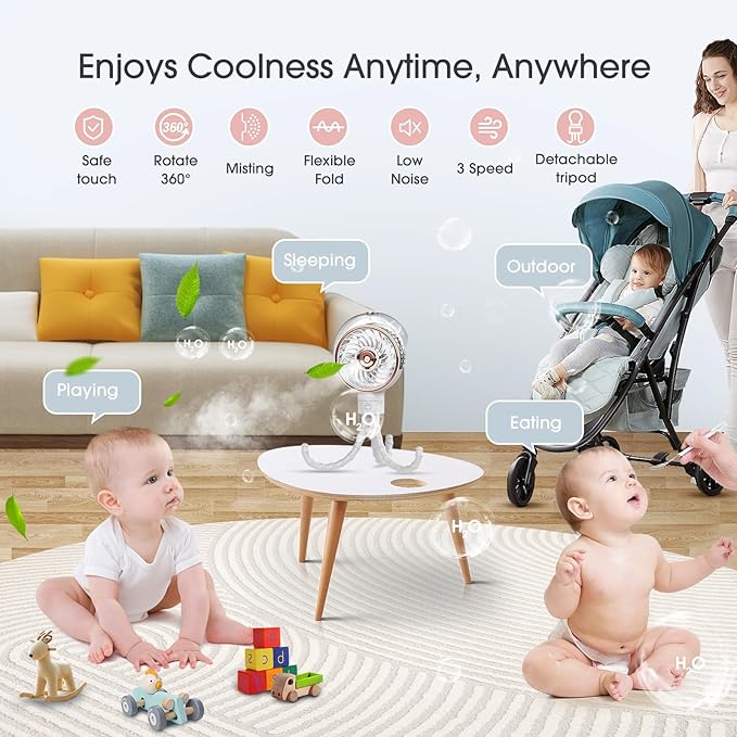 Ausic Stroller Fan with Mist, 100ml Misting Portable Fan for Stroller, Baby Fans with Detachable Tripod, Baby Essentials, Clip on Fans for Crib, Treadmill, Car Seat, Outdoor-CubbioJoy