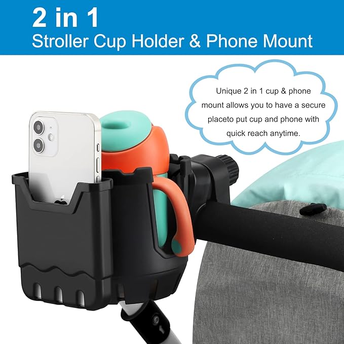 Accmor Stroller Cup Holder with Phone Holder, Universal Cup Holder, Bike Cup Holder, 360° Rotatable Large Caliber Drinks Holder for Stroller, Bike, Wheelchair, Walker-CubbioJoy