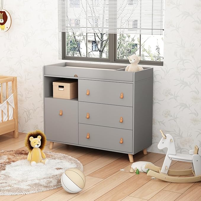 Baby Dresser Changing Table with Drawers,Shelf,Hidden Laundry Basket Storage,2 in 1 Nursery Dresser Chest for Infants, Baby Diaper Changing Station for Daycare,Bedroom,Grey-CubbioJoy