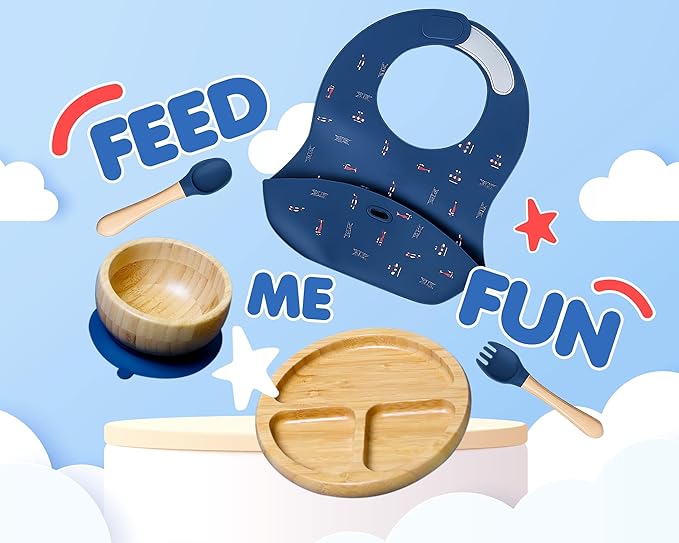 Bamboo Baby Feeding Set for Infants & Toddlers - Baby Essentials, Non-Toxic, Sustainable, Bamboo Suction Plate & Bowl, Bib, Sippy Cup w/Lid & Straw, Perfect Baby Shower Gifts (Midnight Blue)-CubbioJoy