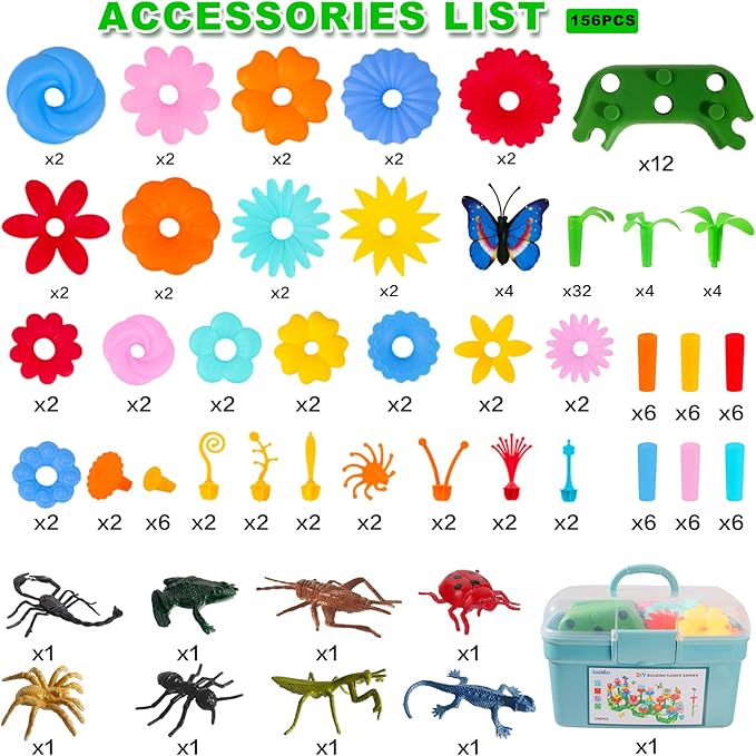 Birthday Toys Gifts for 2 3 4 5 6 Years Old Toddler Girls Boys, 156 PCS Insect Flower Garden Building Educational STEM Learning Pretend Play Gardening Set, Gifts for Preschool Kids Age 2+-CubbioJoy