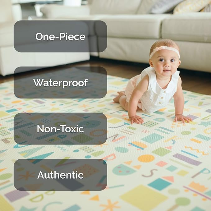 Baby Care Play Mat (Large, Sea Petals - Grey) 82'' x 55'' Original One-Piece Reversible Rollable Waterproof Play Mat for Infants, Babies, Toddler, and Kids-CubbioJoy