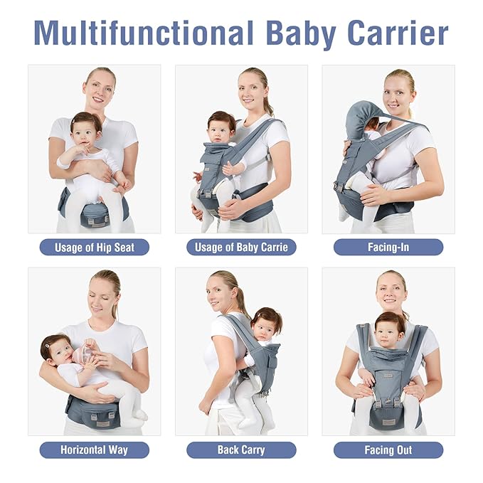 Baby Carrier, 3-in-1 Baby Carrier Newborn to Toddler with Hip Seat (Ergonomic M Position) for 0-36 Month/7-45lbs, Adjustable Size for Enhanced Lumbar Support, Perfect for On-The-go, Blue-CubbioJoy