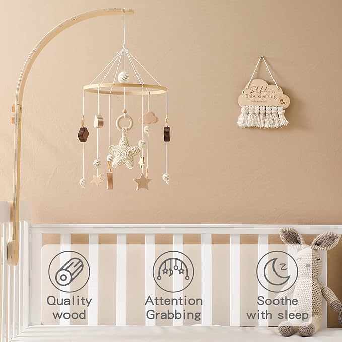 Baby Crib Mobile with Arm Boho Star Moon Nursery Mobile Set Wooden Baby Mobile Holder for Hanging Nursery Decor Ceiling Mobile-CubbioJoy