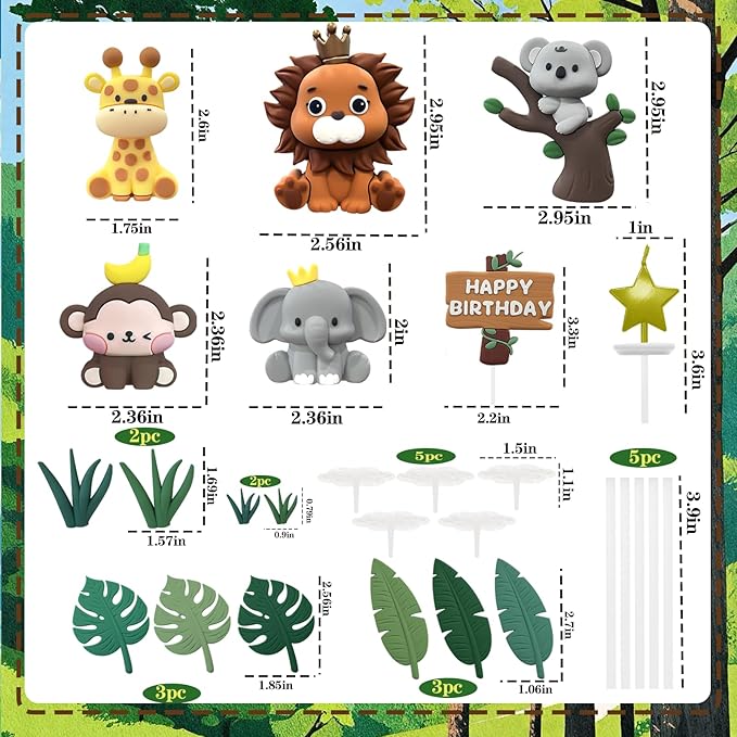 22PCS Safari Animal Cake Toppers & Wild One Birthday Decorations - Jungle Cake Topper with Leaves for Animal Themed Birthday Party Decorations, Safari Cake Decorations for Zoo Theme Cakes Accessories-CubbioJoy