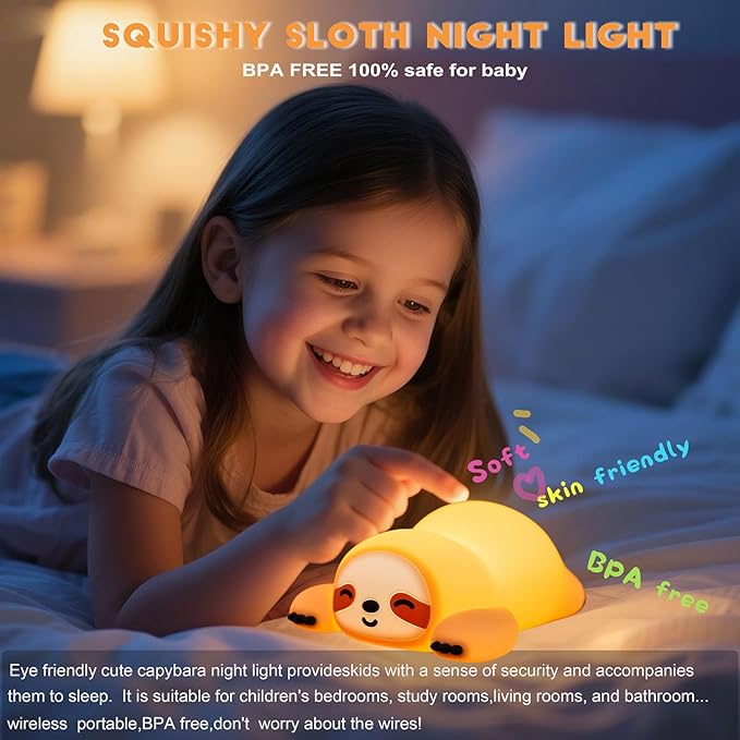 DREAMING MY DREAM Night Light for Kids,Squishy Sloth Night Light,LED Novelty Animal Nightlight,3 Levels Dimmable,30Min Timer Nursery Lamp for Kids, Bedroom Baby Boys Girls Gifts-CubbioJoy