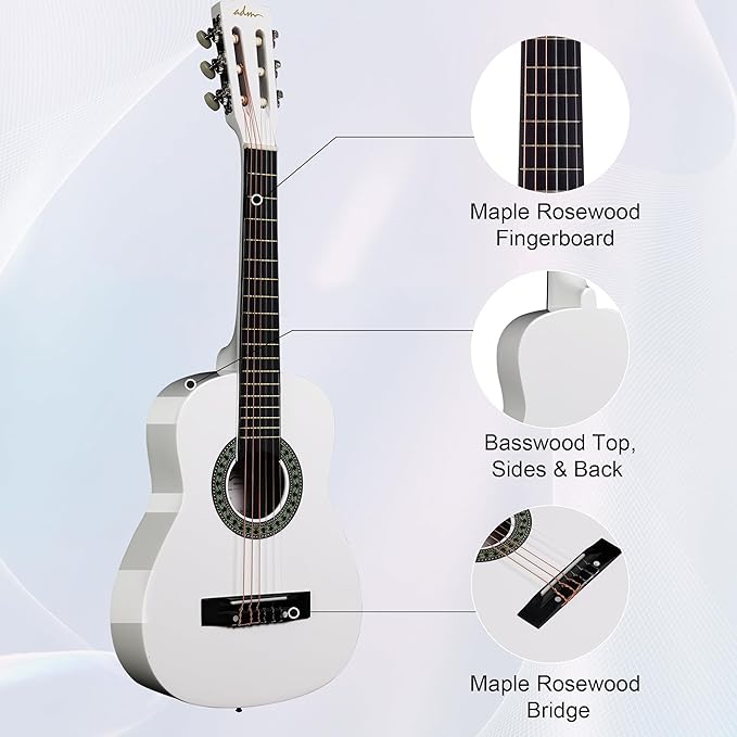 ADM Beginner Acoustic Classical Guitar Nylon Strings Wooden Guitar Bundle Kit for Kid Boy Girl Student Youth Guitarra Online Lessons with Gig Bag, Strap, Tuner, Picks (30 Inch, White)-CubbioJoy