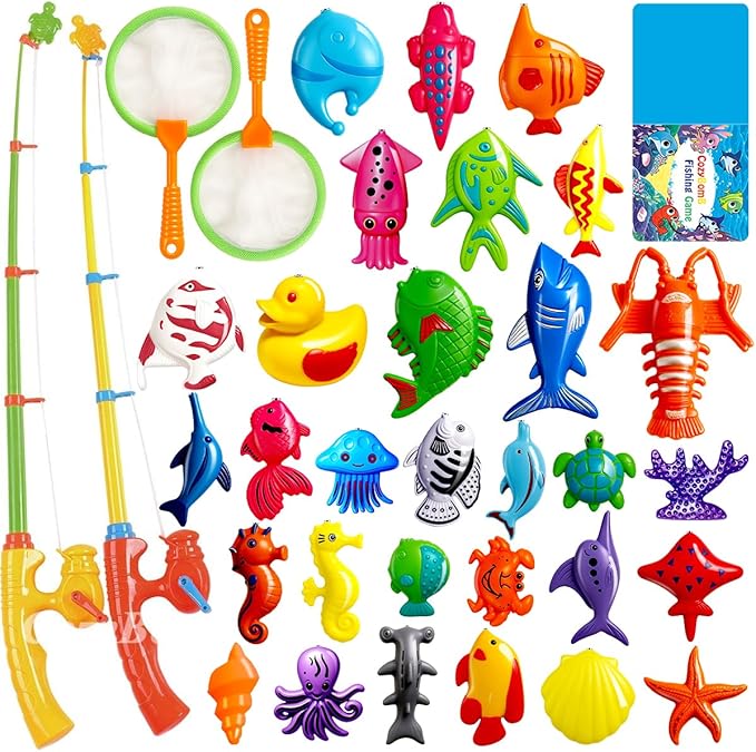 CozyBomB™ Magnetic Fishing Toys Game Set for Kids | Water Table Bathtub Kiddie Pool Party & Pole Rod Net, Plastic Floating Fish Toddler Color Ocean Sea Animals Birthday Age 3 4 5 6 Year-CubbioJoy