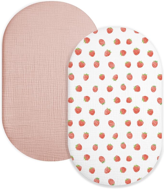 Bassinet Sheet for Baby Boy Girl 2 Pack, Fitted Sheets for Rectangle, Oval, Hourglass Bassinet Mattress, Muslin Moses Basket Sheets (Strawberry & Pale Pink, Bassinet Sheet)-CubbioJoy