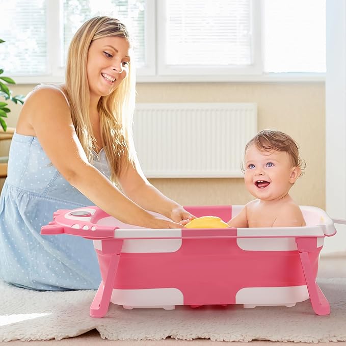 Baby Bathtub,Collapsible Baby Bath Tub with Thermometer & Soft Floating Cushion,Portable Travel Baby Bathtubs for Newborns to Toddlers 0-36 Months(Crab Gray)-CubbioJoy