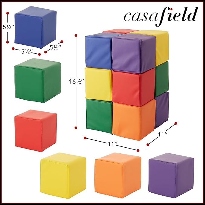 Casafield Toddler Foam Building Blocks (12-Piece Set), 5.5" x 5.5" Soft Play Colorful Kids Stacking Cubes for Daycare, Nursery, Preschool-CubbioJoy