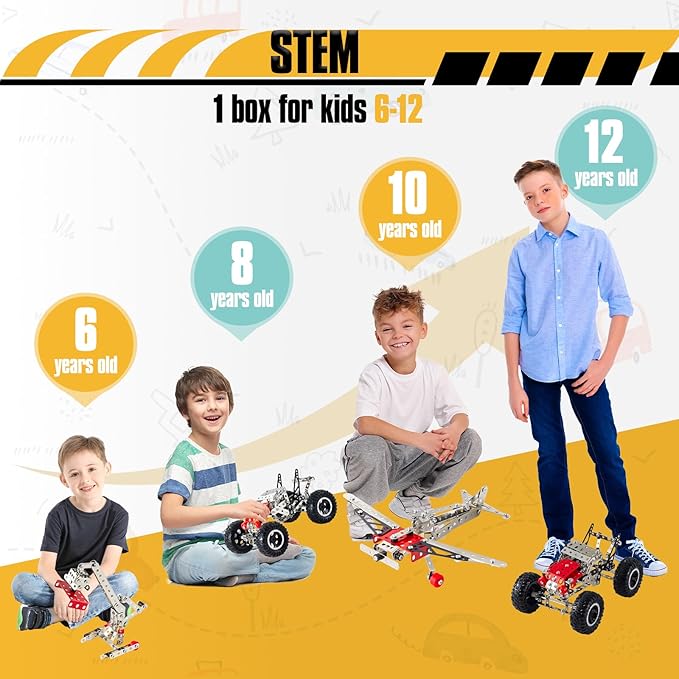 6-in-1 STEM Kit - Engineering Metal Truck, Airplane and Sports Car Excavator Toy for Boys 8-12 - STEM Building Toys for Kids 5-7, 6-8, 8-10 Educational Toys for Kids Boys Model Kit-CubbioJoy