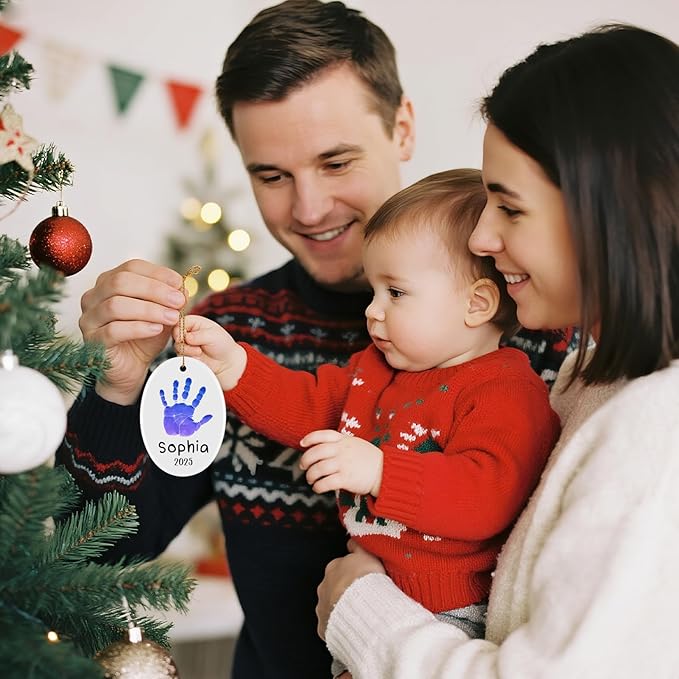 Baby Hand and Footprint Ornament - Baby's Frist Christmas Ornament with Custom Photo, Name, Date - Personalized Baby Gift, Newborn Keepsake, New Mom Gifts-CubbioJoy
