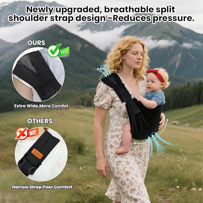 Baby Sling Carrier - Adjustable Baby Sling 2025 Upgraded Toddler Sling Comfortable Baby Wrap Carriers Ergonomic-Designed, Travel Friendly Carrying 10-45 Lbs(Black)-CubbioJoy