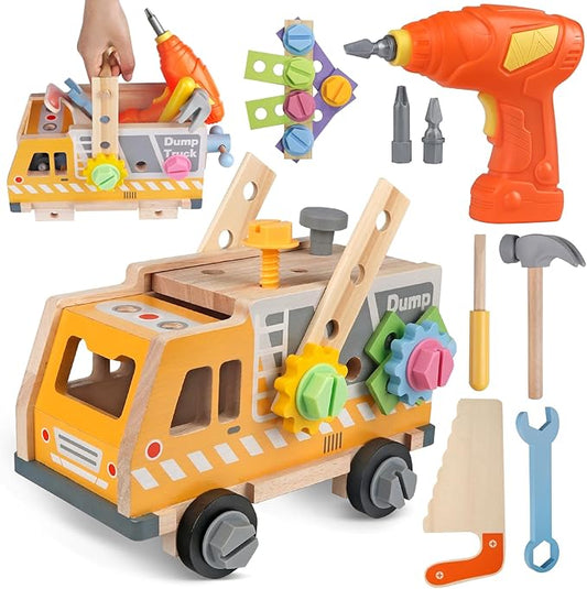 Aliex 38PCS Kids Wooden Truck Tool Set with Toy Drill for Toddlers Ages 3 4 5 6,Montessori STEM Educational Learning Construction Workbench Pretend Play Tool Kit,Birthday Sensory Gift for Boys Girls-CubbioJoy