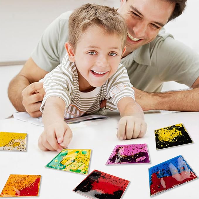 Art3d 6”x6” Square Sensory Fidget Liquid Motion Tiles for Kids, Toddler, Teens - Interactive Soft Gel Liquid Play Mats for Home, Schools, Playrooms, Multi-Pack of 12 Tiles-CubbioJoy