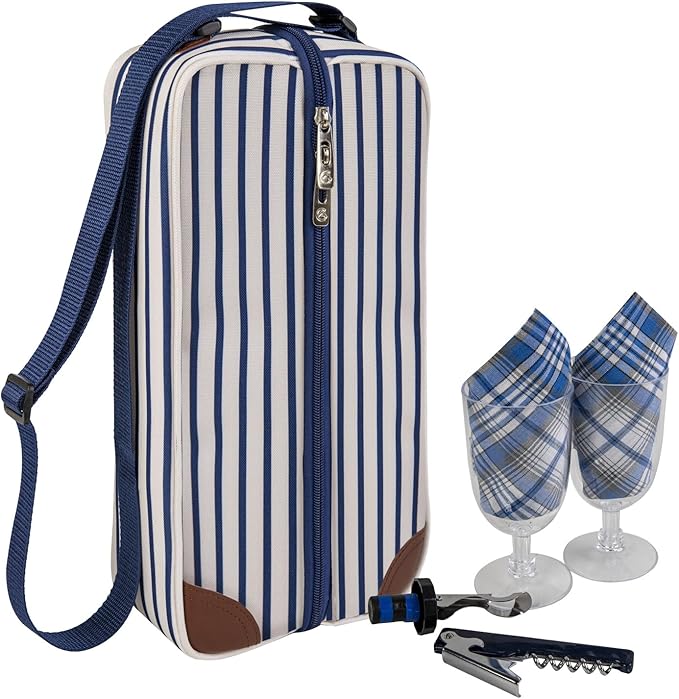 ALLCAMP Wine Tote Bag with Cooler Compartment，Picnic Set Carrying Two Sets of Tableware（Blue Stripe）-CubbioJoy