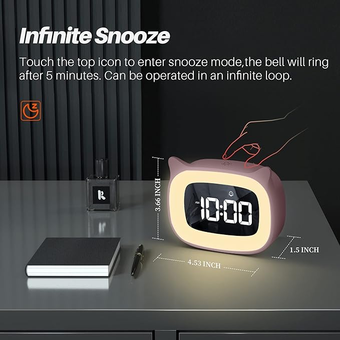 Kids Alarm Clock with Night Light & 18 Ringtones,Rechargeable,Cute Cat Ear Clock for Boys Girls Birthday Presents,Digital Clock for Children's Bedroom(Pink)-CubbioJoy