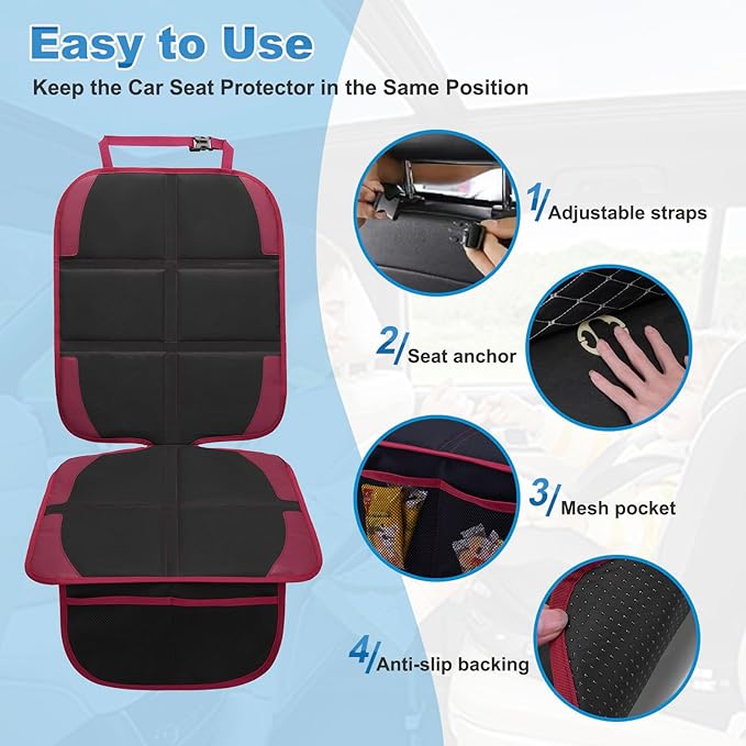 Car Seat Protector for Child, 2 Pack With Mesh Pockets & Non-Slip Backing 600D Durable Under Baby Seat Cover for Back Seat (Burgundy, Standard)-CubbioJoy
